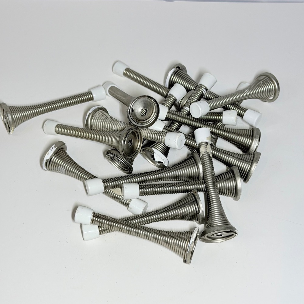 Lot of 19 Flexible Spring‎ Door Stops Silver Tone with White Tips 3 Inch Bulk